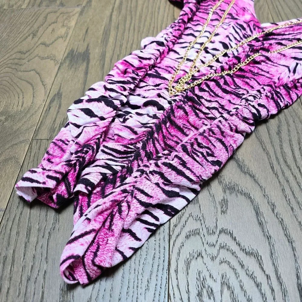 COOGI Y2K Ruched Plunge Zebra Print Mini Dress in Electric Hot Pink - Picture 7 of 16